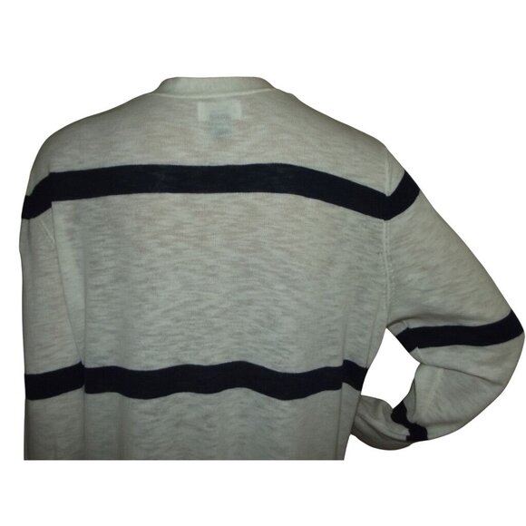 Old Navy Cardigan Sweater Womens Size Large Cream Navy Blue Striped pockets Midi - Picture 9 of 12